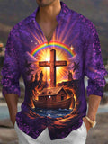 Oceanlyte Men's Hawaiian Noahs Ark And Holy Cross Print Long Sleeve Shirt with Chest Pocket