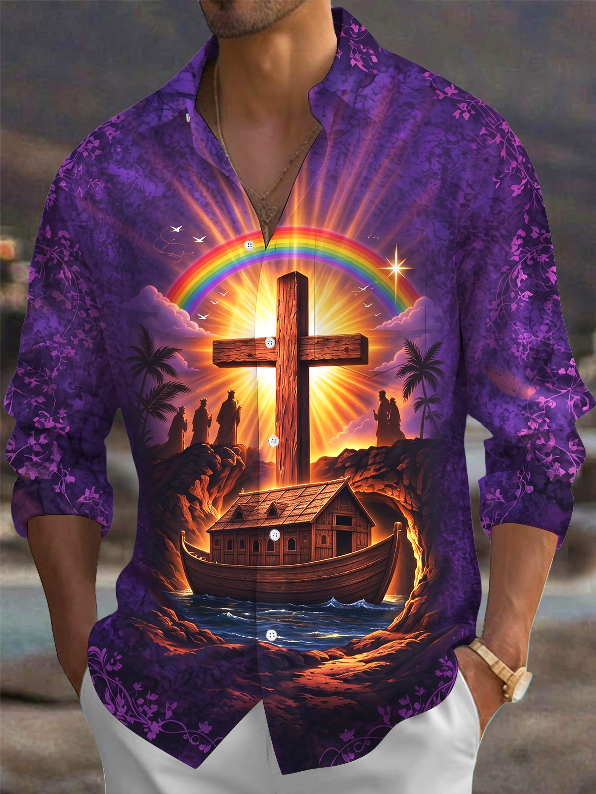 Oceanlyte Men's Hawaiian Noahs Ark And Holy Cross Print Long Sleeve Shirt with Chest Pocket
