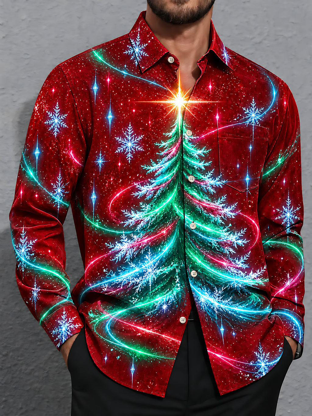 Oceanlyte Men's Long Sleeve Shirt - Christmas Tree With Snowflakes And Light Trails Print with Chest Pocket