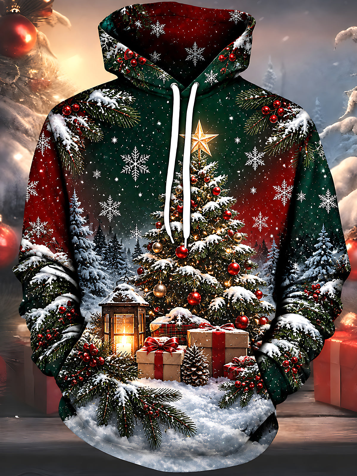 Oceanlyte Men's Christmas Tree With Ornaments And Star Print Long Sleeve Hoodie