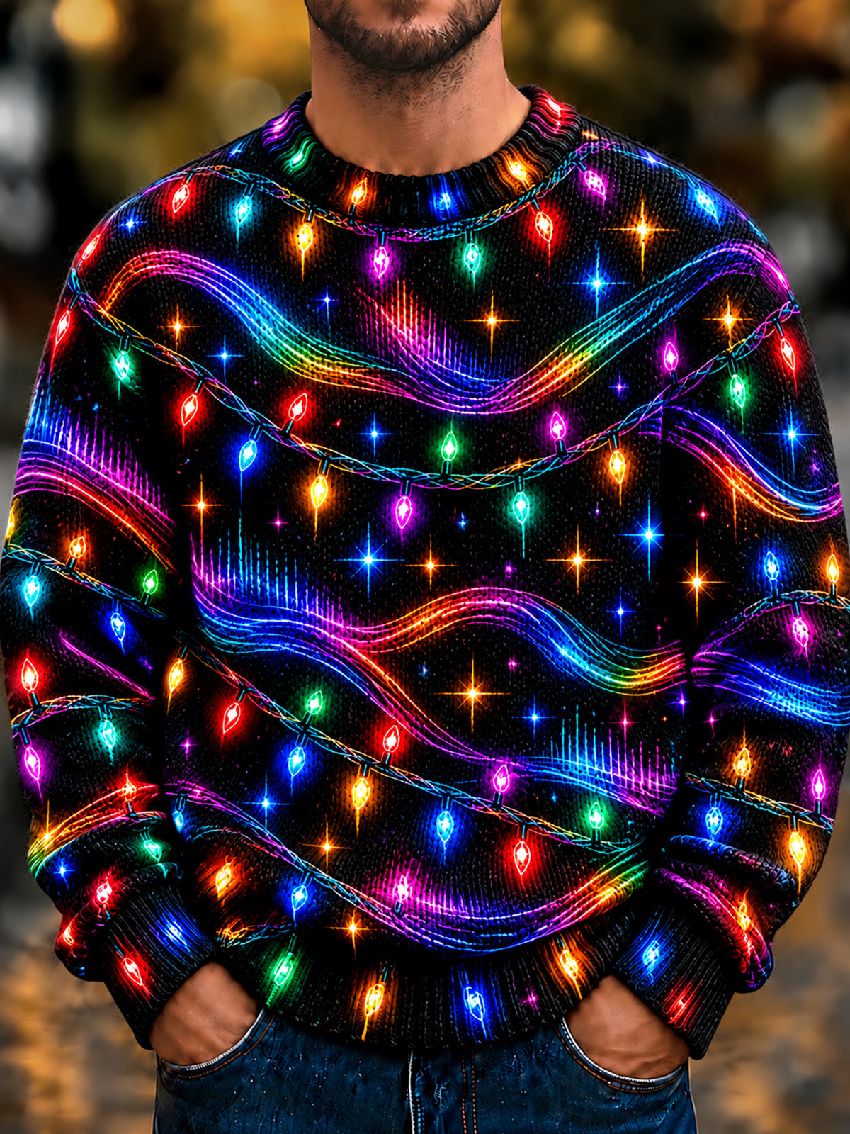 Oceanlyte Men's Long Sleeve Sweater - Neon Christmas Light Strings And Starbursts Print