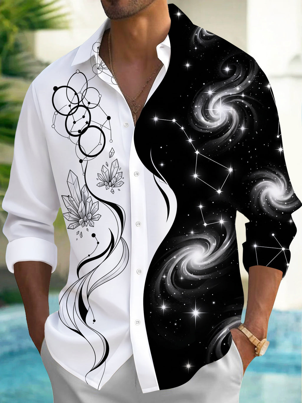 Oceanlyte Men's Printed Constellation Nebula And Crystal Print Long Sleeve Shirt with Chest Pocket