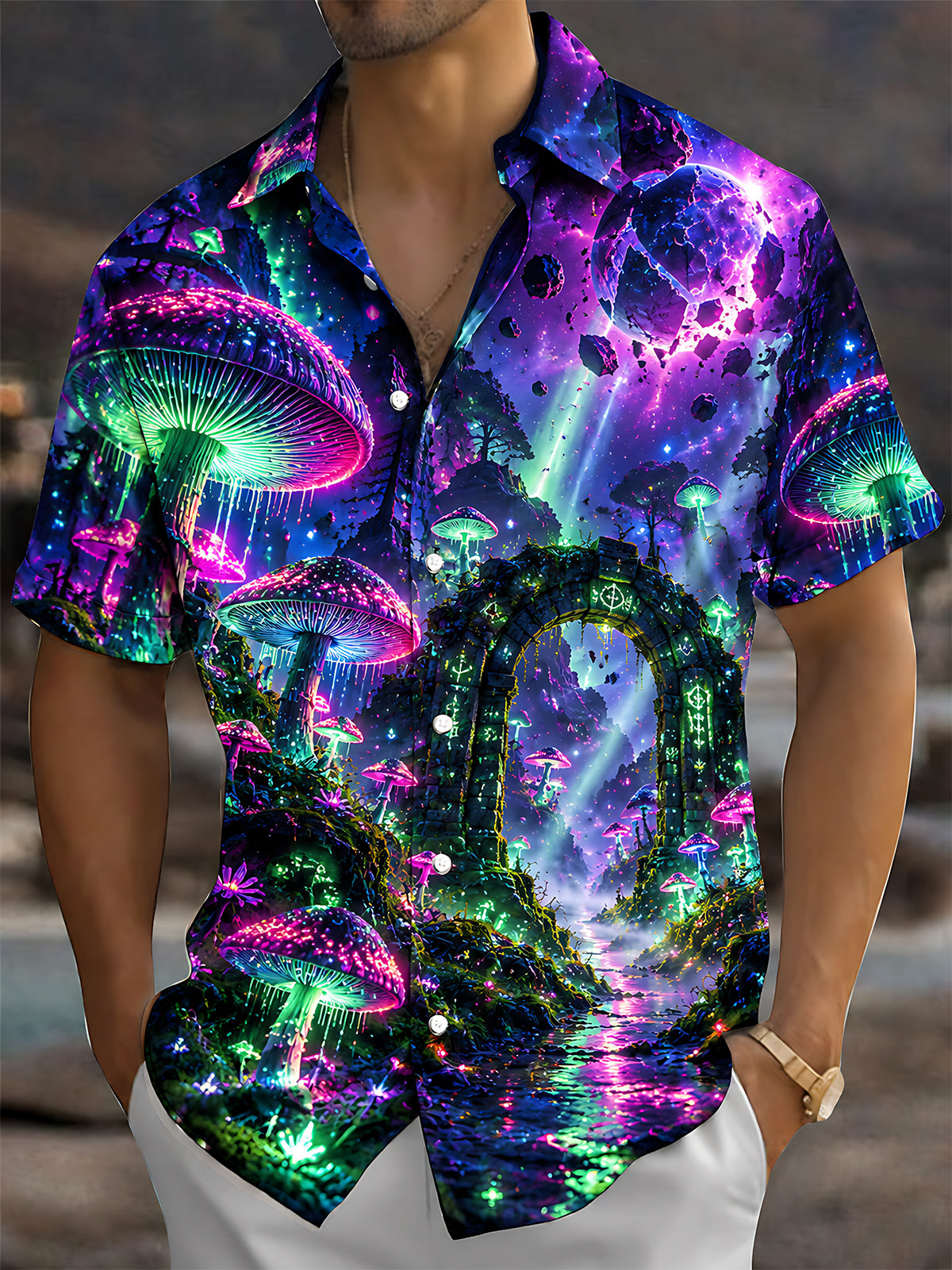 Oceanlyte Men's Neon Mushrooms And Cosmic Landscape Print Short Sleeve Shirt with Chest Pocket