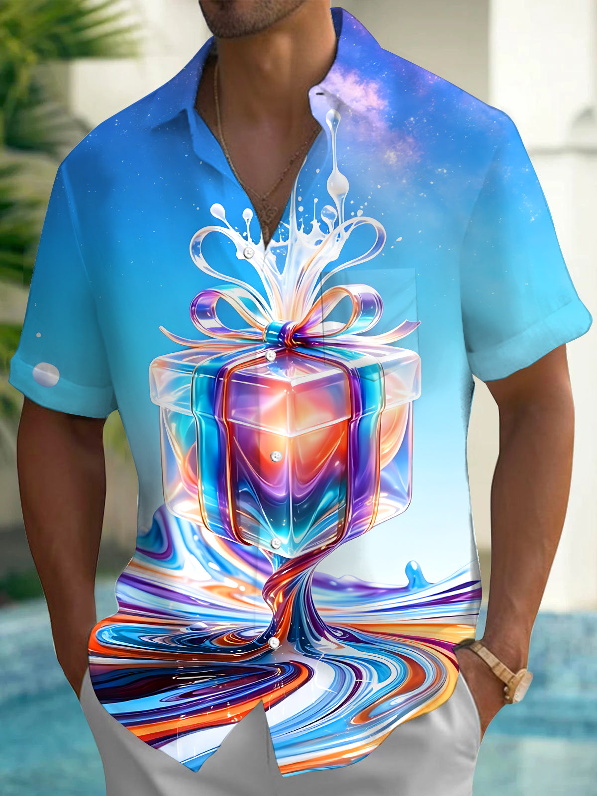Oceanlyte Men's Graphic Colorful Gift Box Print Short Sleeve Shirt with Chest Pocket