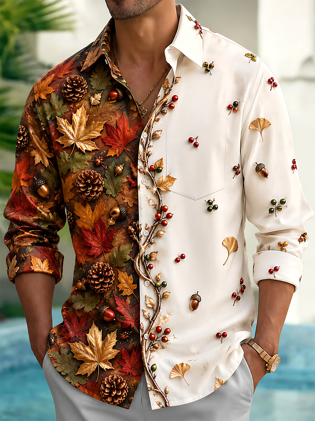 Oceanlyte Men's Autumn Maple Leaves Acorns And Pinecones Print Long Sleeve Shirt with Chest Pocket