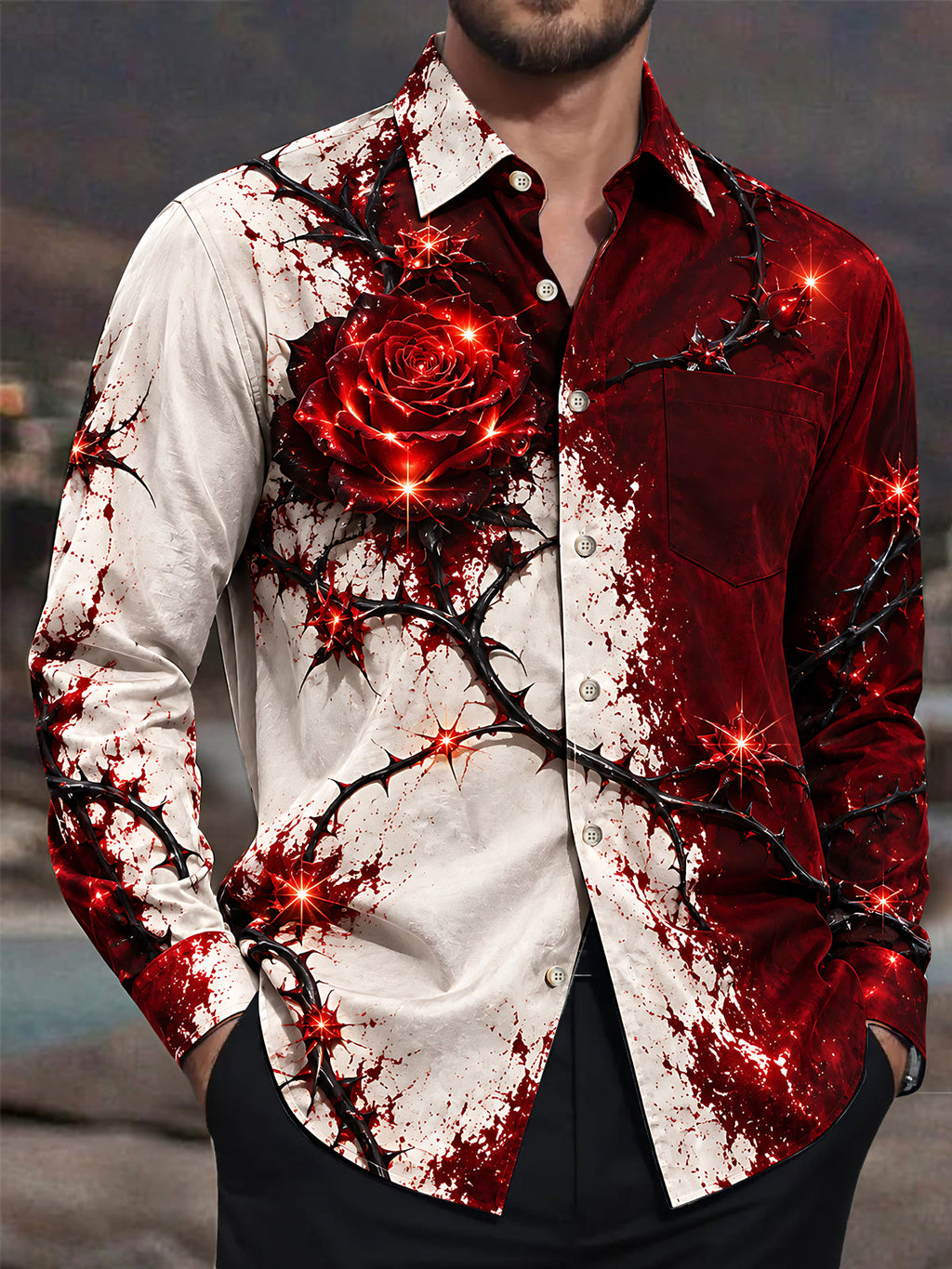 Oceanlyte Men's Printed Red Rose And Black Thorns Print Long Sleeve Shirt with Chest Pocket