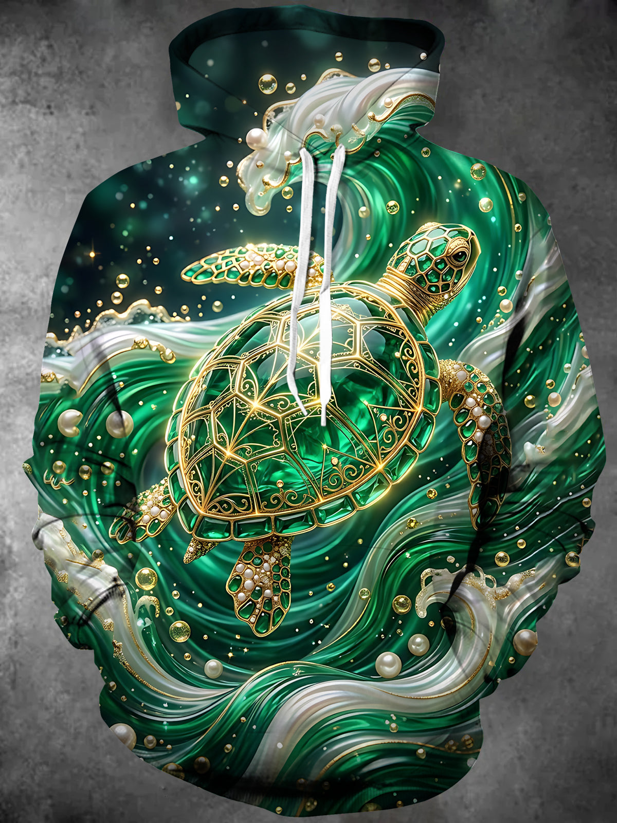 Oceanlyte Men's Long Sleeve Hoodie - Jeweled Sea Turtle With Ocean Waves And Pearls Print
