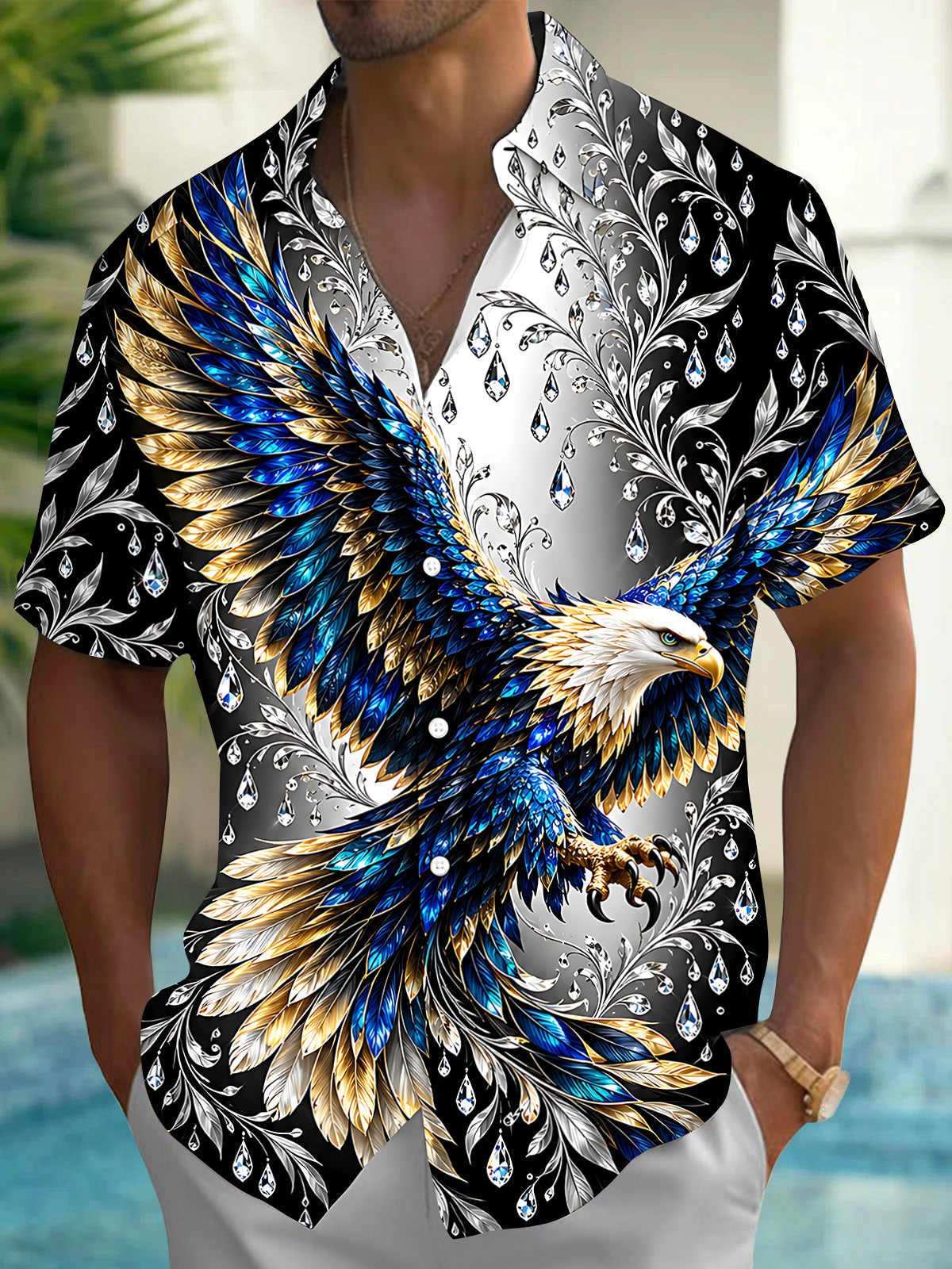 Oceanlyte Men's Eagle With Blue And Gold Feathers Print Short Sleeve Shirt with Chest Pocket