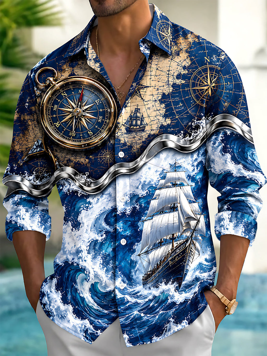 Oceanlyte Men's Vintage Nautical Map And Compass Print Long Sleeve Shirt with Chest Pocket