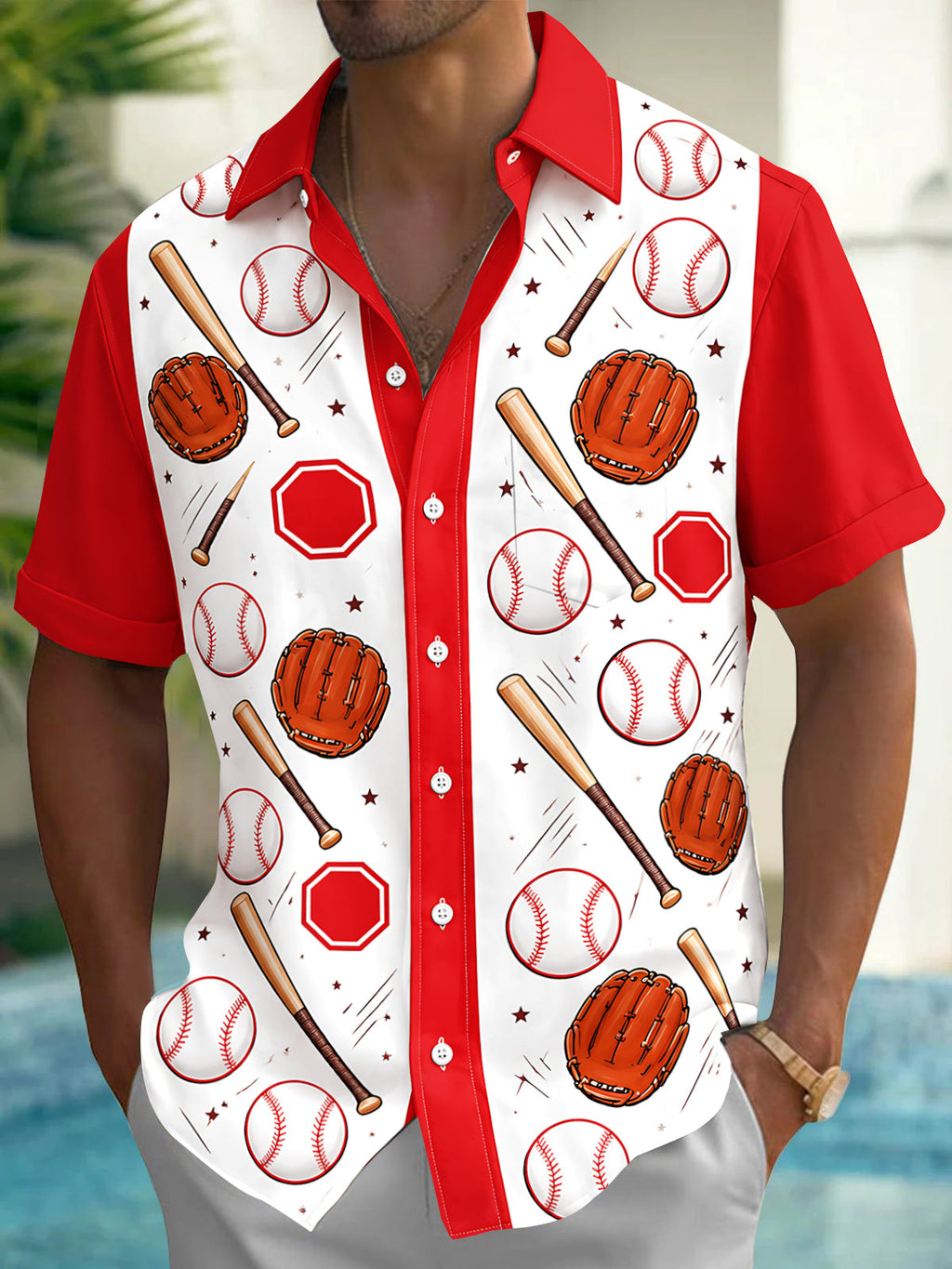 Oceanlyte Men's Baseball Equipment And Home Plate Print Short Sleeve Shirt with Chest Pocket