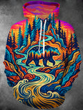 Oceanlyte Men's Graphic Bear And Mountain Landscape Print Long Sleeve Hoodie