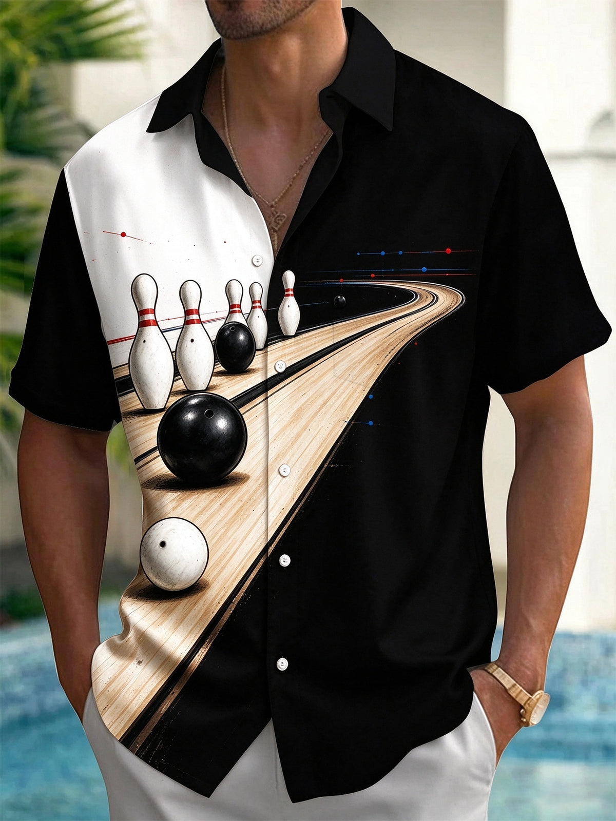 Oceanlyte Men's Bowling Pins And Bowling Balls On Lane Print Short Sleeve Shirt with Chest Pocket