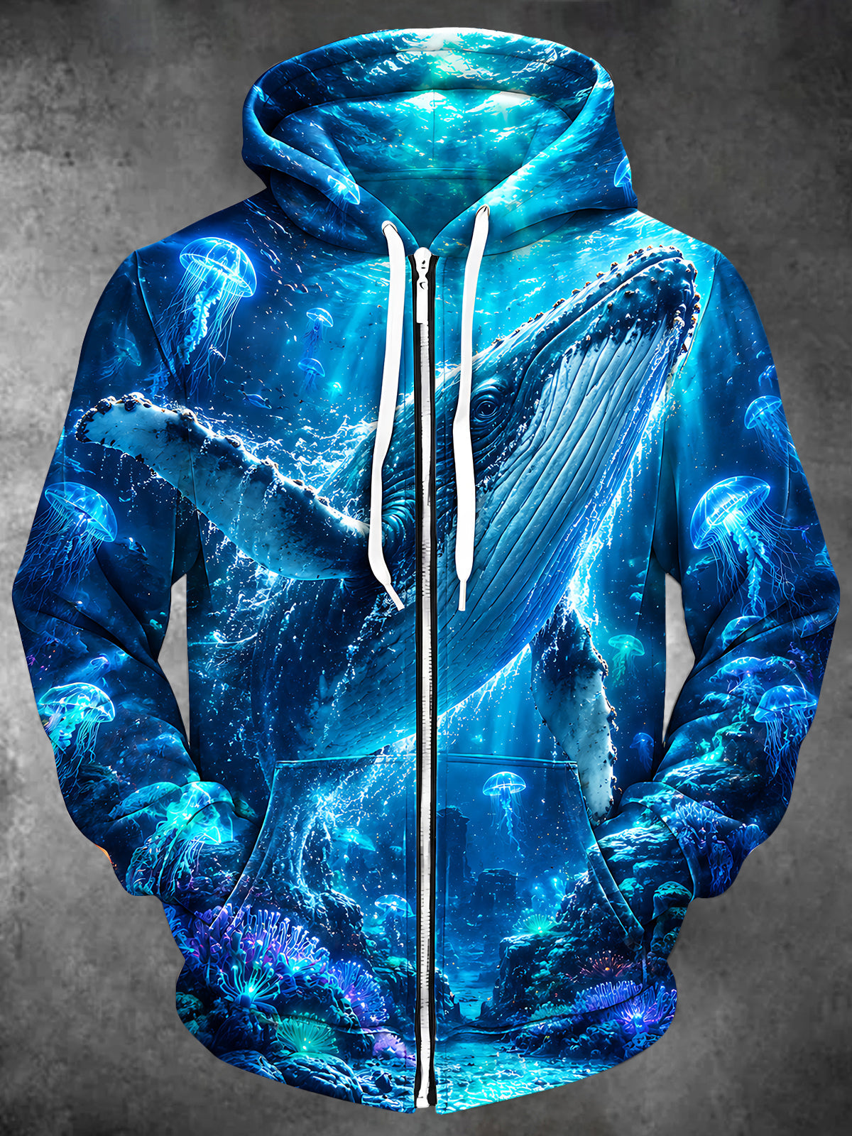 Oceanlyte Men's Long Sleeve Zip-Up Hoodie - Humpback Whale And Jellyfish Underwater Scene Print with Kangaroo Pocket