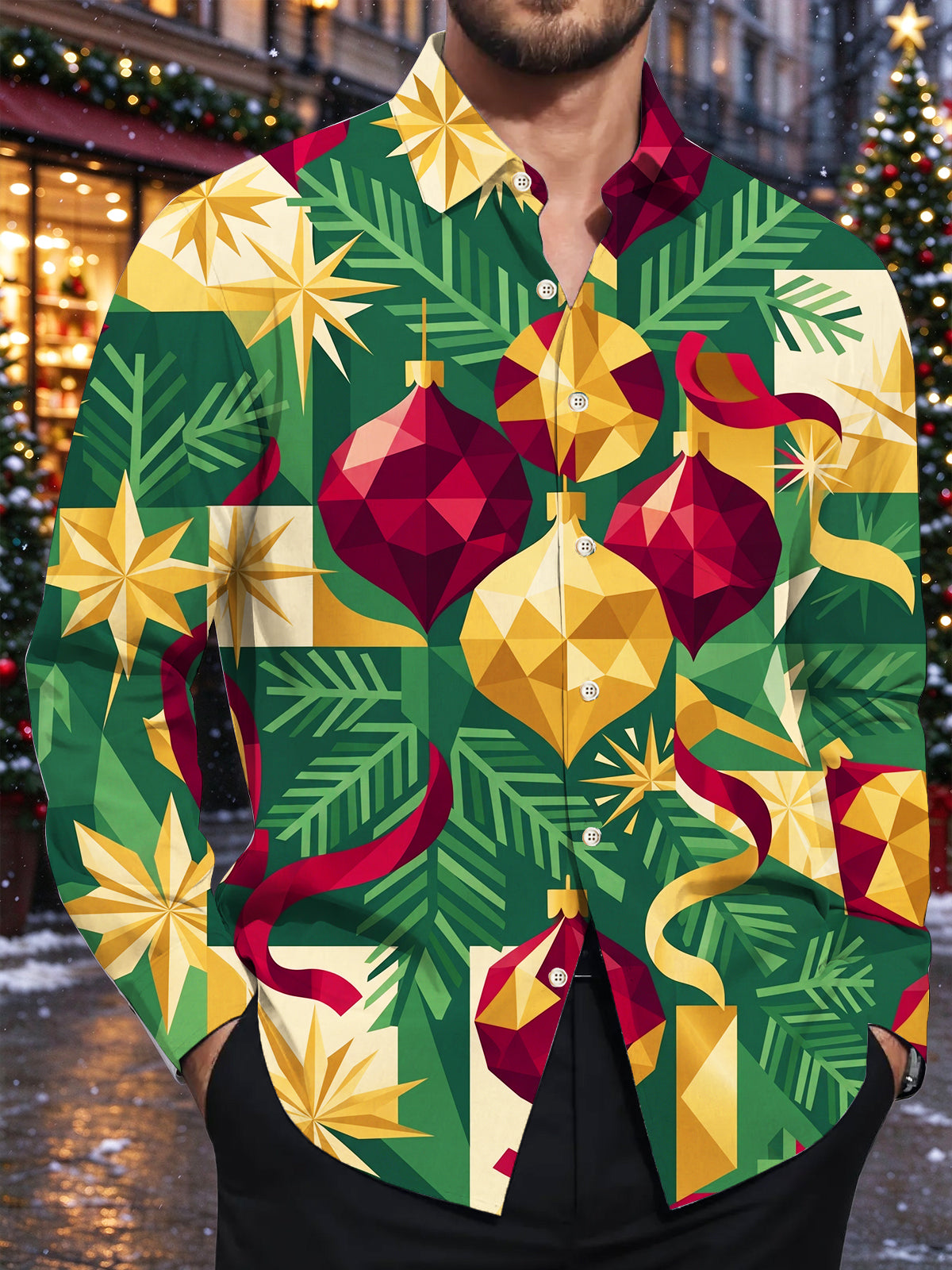 Oceanlyte Men's Long Sleeve Shirt - Geometric Christmas Ornaments And Pine Needles Print with Chest Pocket