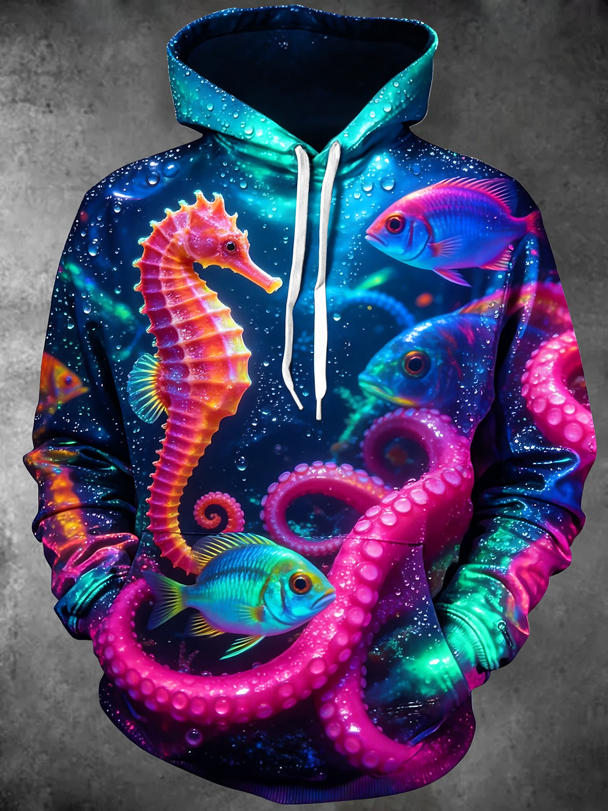 Oceanlyte Men's Neon Seahorse And Octopus Tentacles Print Long Sleeve Hoodie