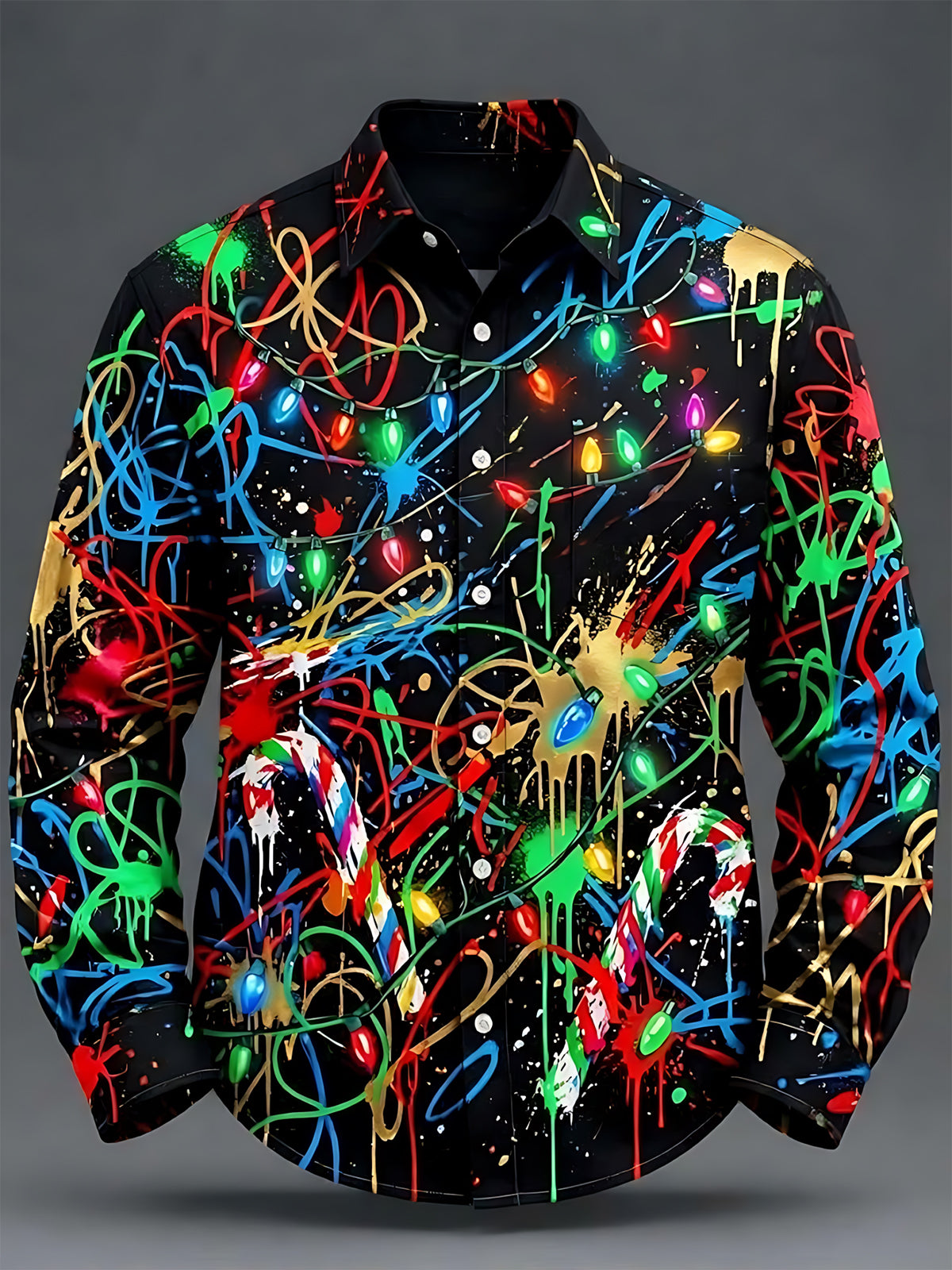 Oceanlyte Men's Long Sleeve Shirt - Graffiti Christmas Lights And Candy Canes Print with Chest Pocket