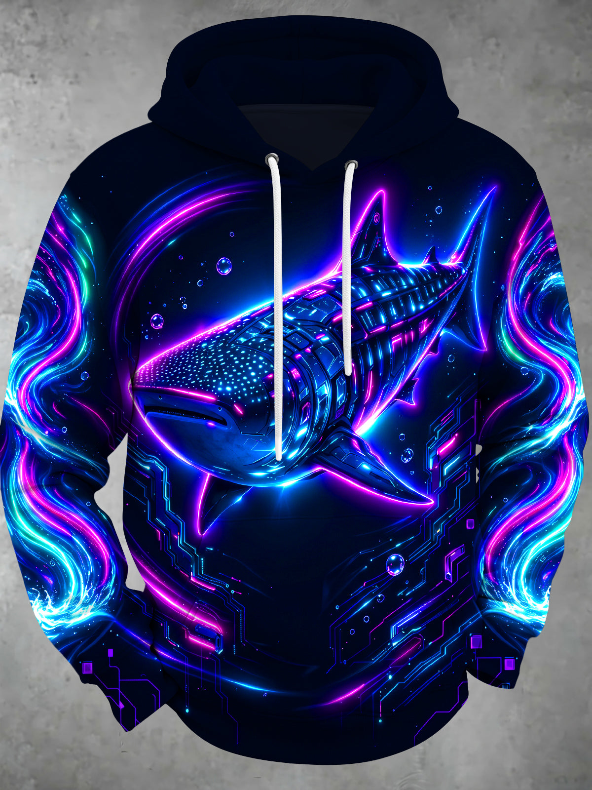 Oceanlyte Men's Graphic Neon Cyber Whale Shark Print Long Sleeve Hoodie