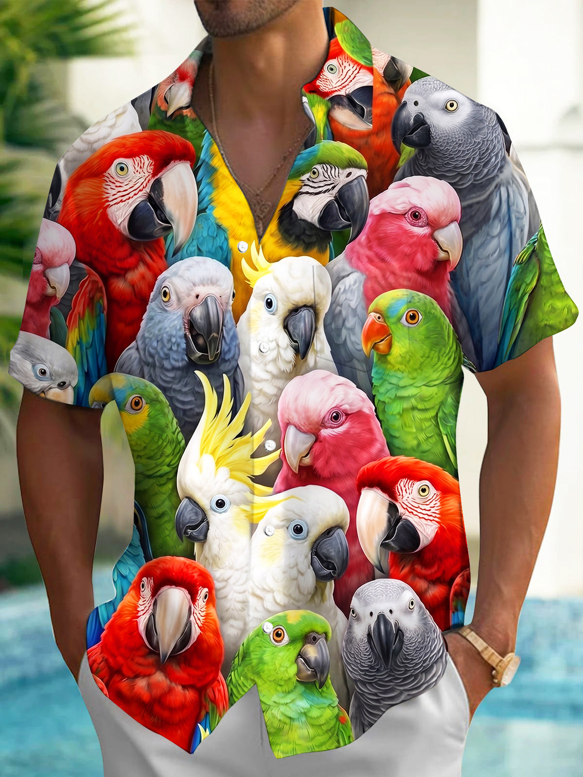 Oceanlyte Men's Hawaiian Colorful Parrots And Cockatoos Print Short Sleeve Shirt with Chest Pocket