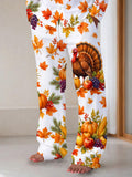 Oceanlyte Men's Drawstring Elastic-Waist Wide Leg Pants - Thanksgiving Turkey And Harvest Produce Print with Side Pockets