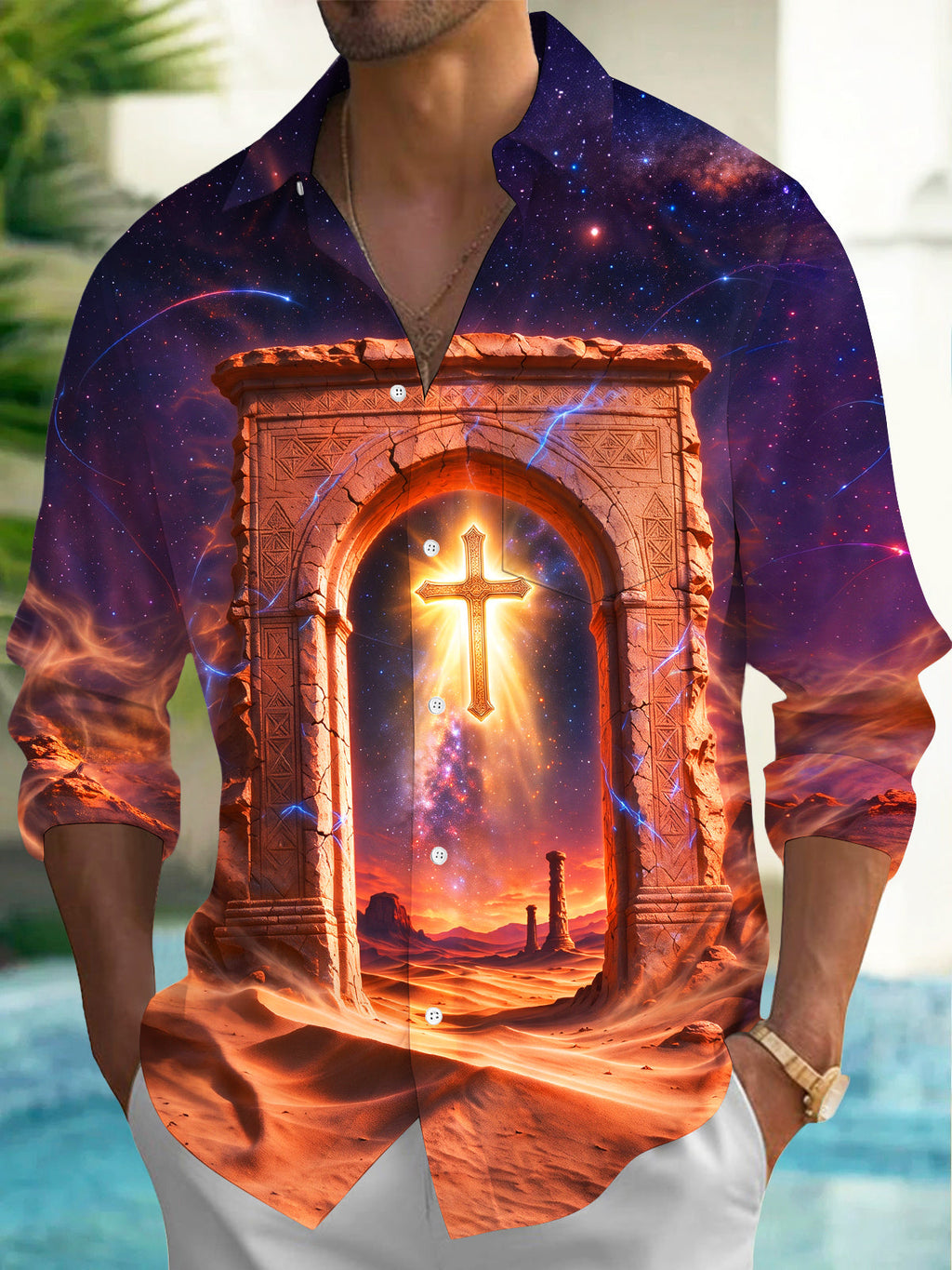 Oceanlyte Men's Long Sleeve Shirt - Desert Arch And Glowing Cross With Galaxy Sky Print with Chest Pocket