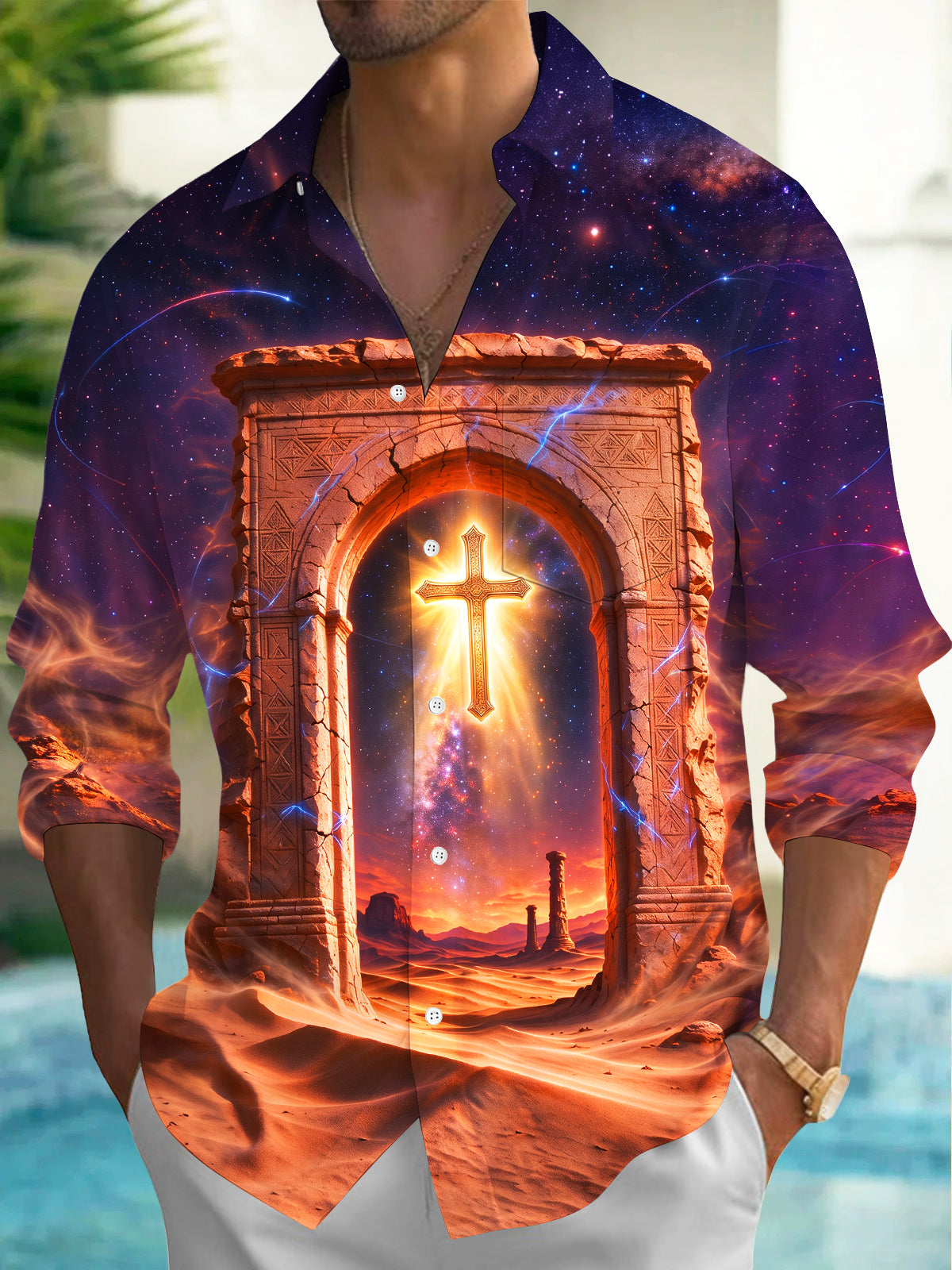 Oceanlyte Men's Long Sleeve Shirt - Desert Arch And Glowing Cross With Galaxy Sky Print with Chest Pocket