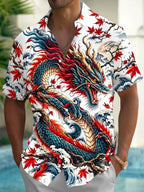 Oceanlyte Men's Hawaiian Dragon Print Maple Leaf Print Short Sleeve Shirt with Chest Pocket