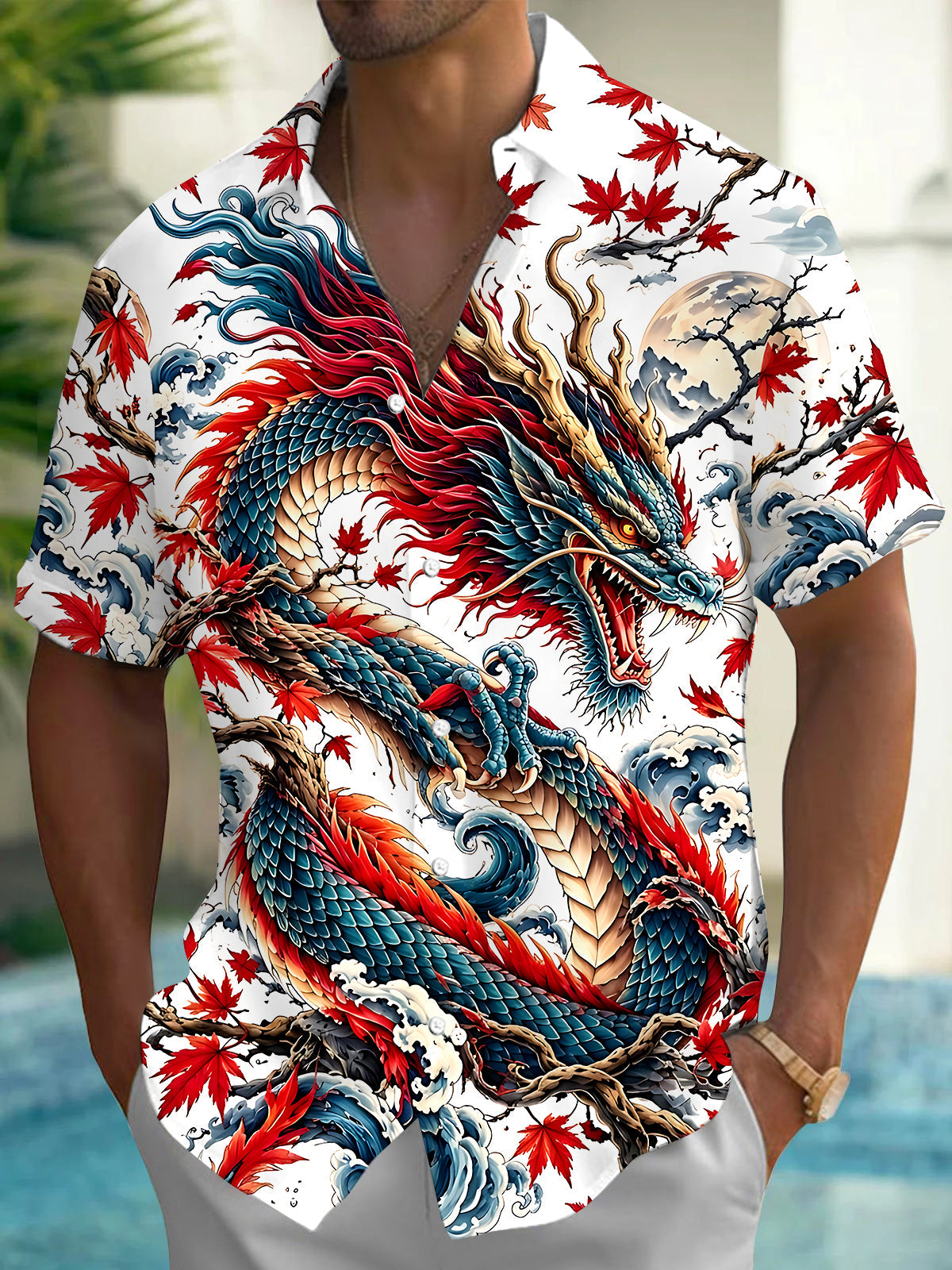 Oceanlyte Men's Hawaiian Dragon Print Maple Leaf Print Short Sleeve Shirt with Chest Pocket