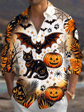 Oceanlyte Men's Halloween Black Cats And Pumpkins Print Long Sleeve Shirt with Chest Pocket