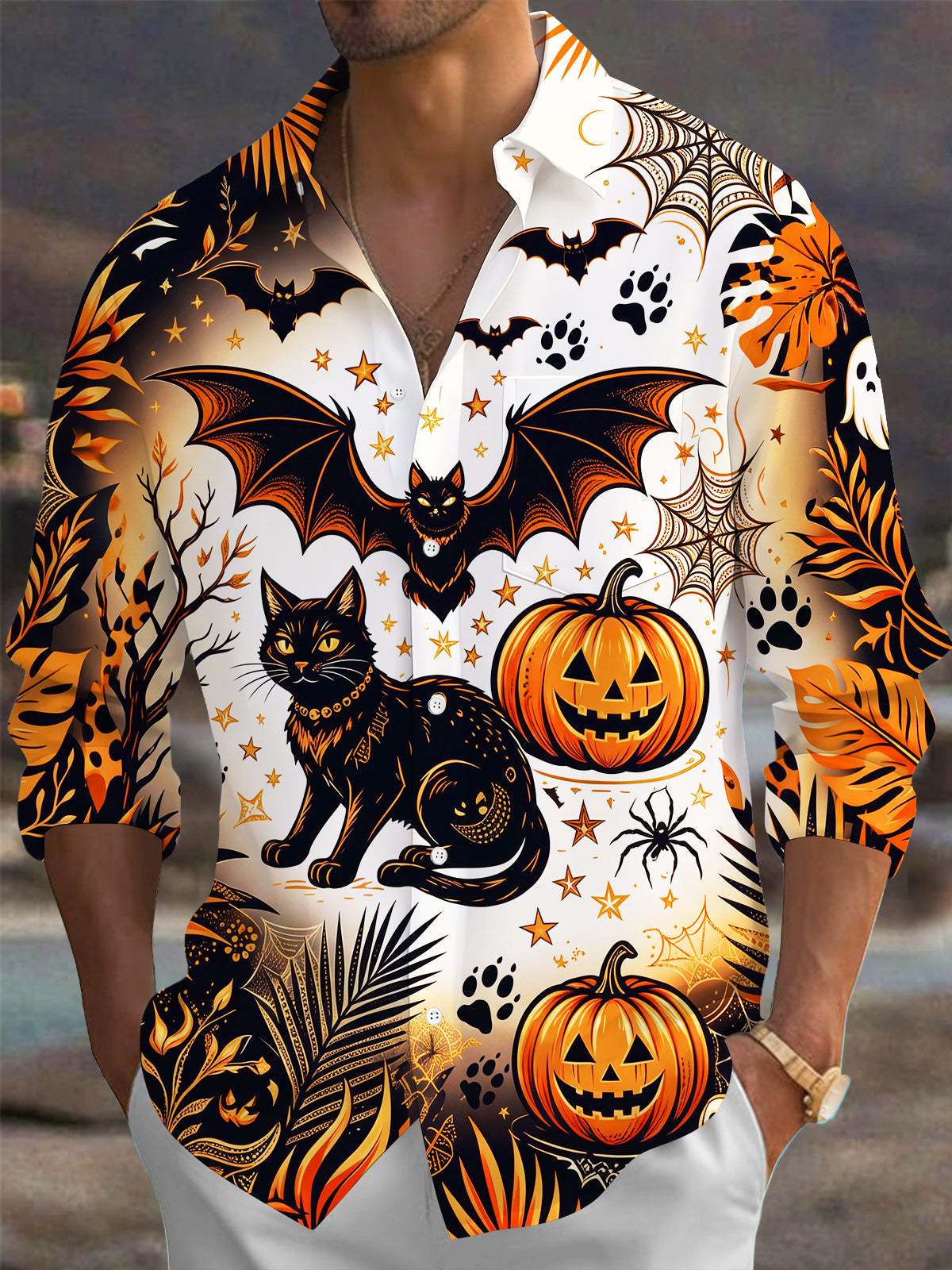 Oceanlyte Men's Halloween Black Cats And Pumpkins Print Long Sleeve Shirt with Chest Pocket