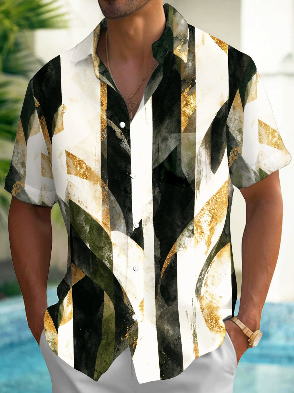 Oceanlyte Men's Abstract Gold Foil Geometric Shapes Print Short Sleeve Shirt with Chest Pocket
