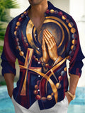 Oceanlyte Men's Graphic Praying Hands And Rosary Beads Print Long Sleeve Shirt with Chest Pocket
