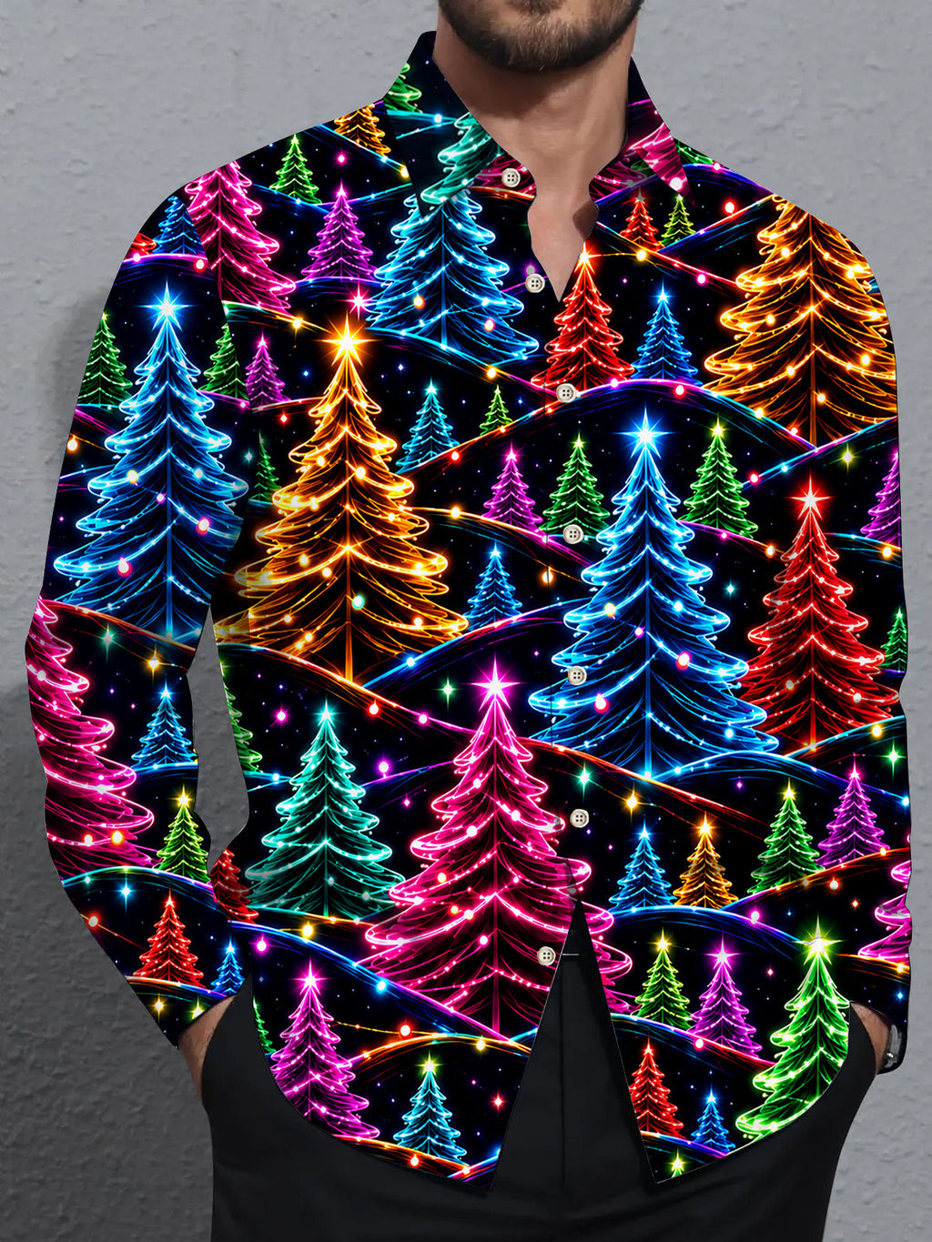 Oceanlyte Men's Graphic Neon Christmas Trees Print Long Sleeve Shirt with Chest Pocket
