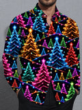 Oceanlyte Men's Graphic Neon Christmas Trees Print Long Sleeve Shirt with Chest Pocket