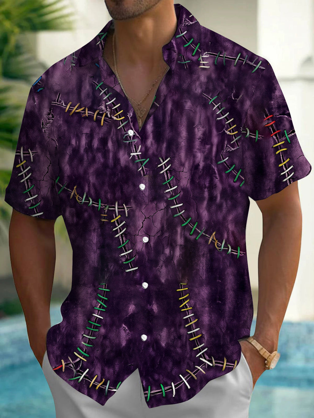 Oceanlyte Men's Short Sleeve Shirt - Purple Tie Dye With Colorful Stitching Pattern with Chest Pocket