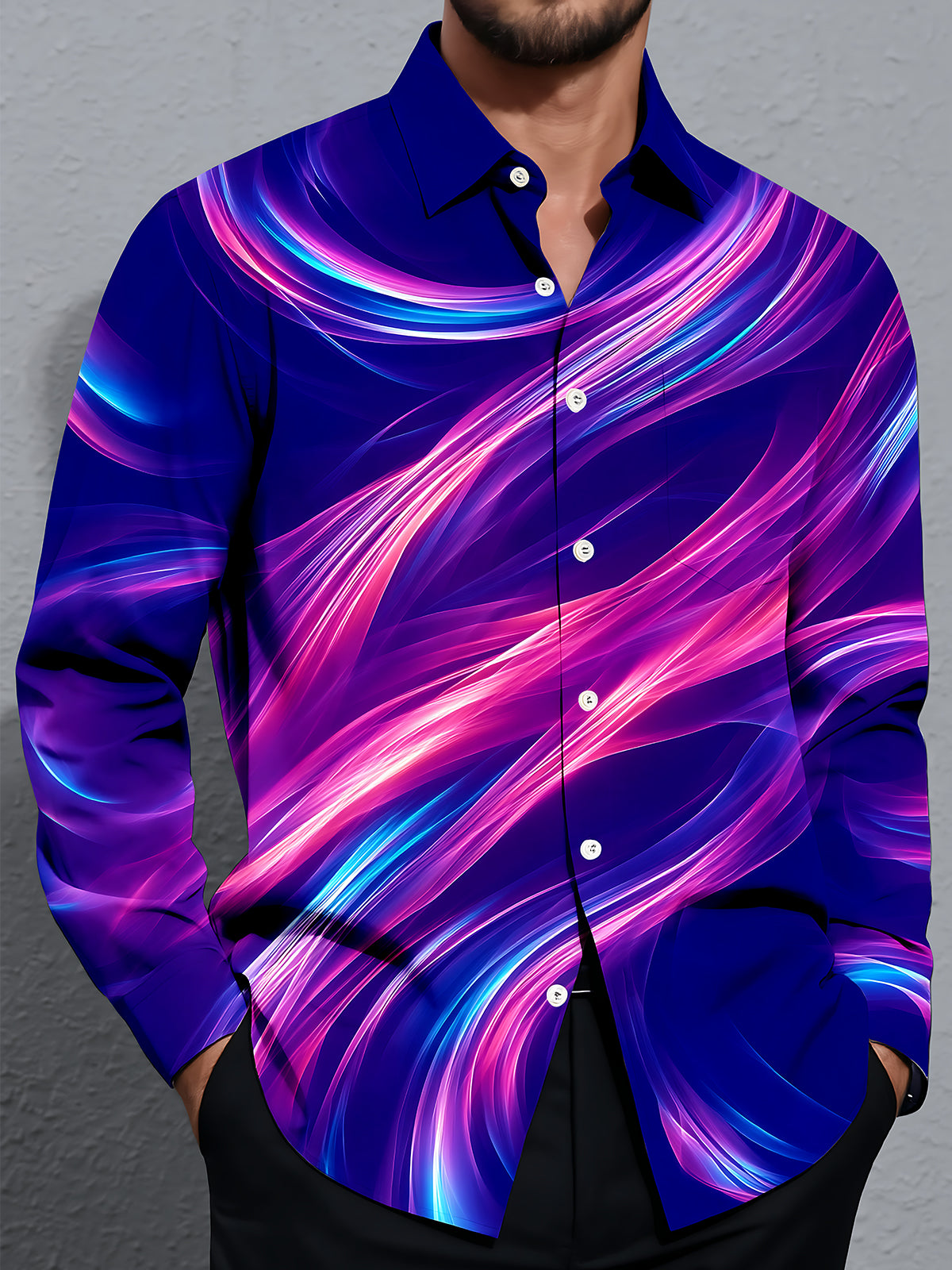Oceanlyte Men's Patterned Abstract Wavy Light Streaks Print Long Sleeve Shirt with Chest Pocket