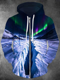 Oceanlyte Men's Long Sleeve Zip-Up Hoodie - Aurora Borealis And Glacial Canyon Print