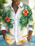 Oceanlyte Men's Long Sleeve Shirt - Tropical Hibiscus Flowers And Palm Leaves Print with Chest Pocket