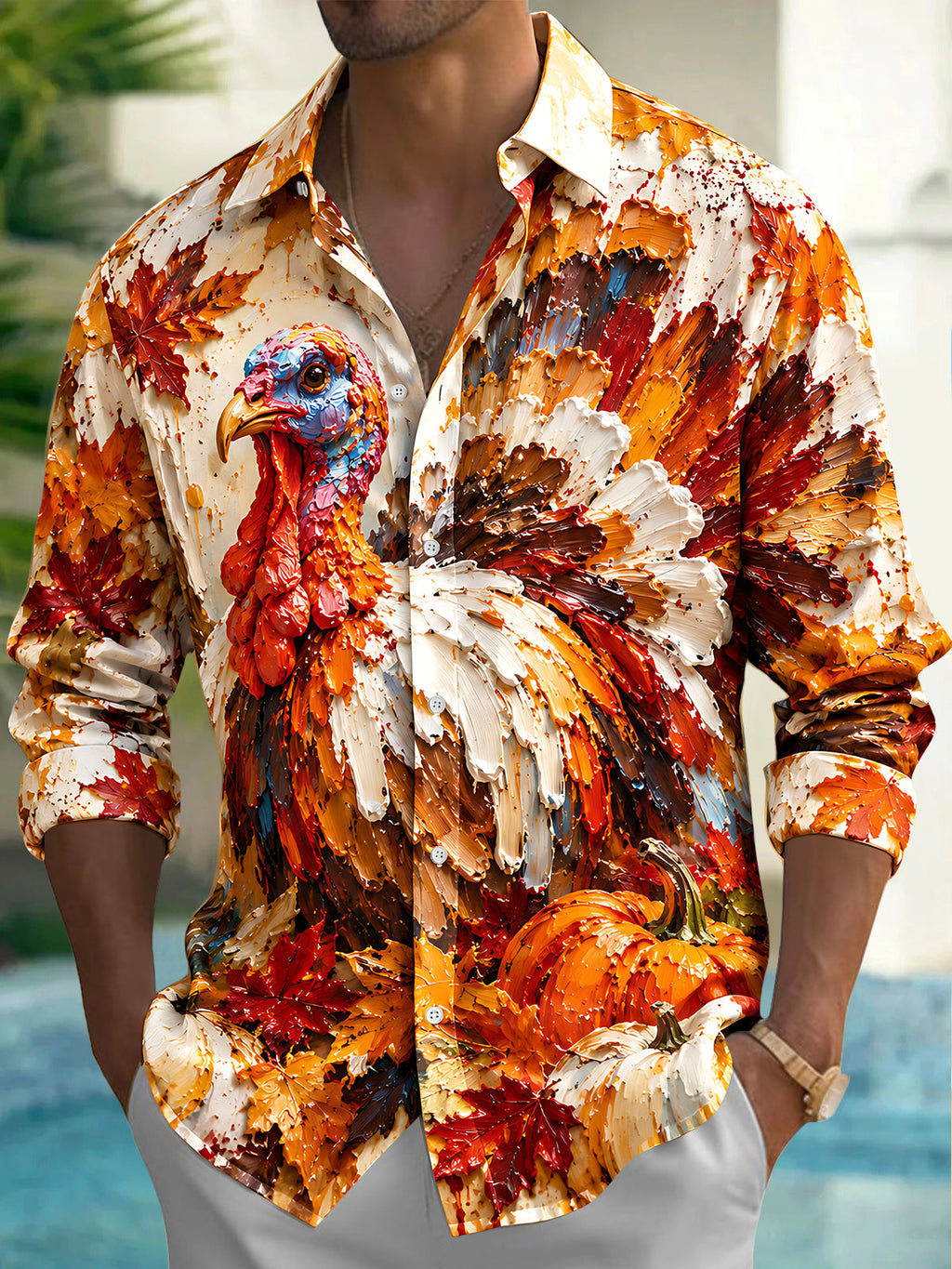 Oceanlyte Men's Long Sleeve Shirt - Thanksgiving Day Turkey And Autumn Leaves Print with Chest Pocket
