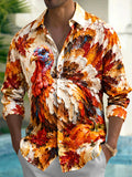 Oceanlyte Men's Long Sleeve Shirt - Thanksgiving Day Turkey And Autumn Leaves Print with Chest Pocket