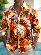 Oceanlyte Men's Long Sleeve Shirt - Thanksgiving Day Turkey And Autumn Leaves Print with Chest Pocket