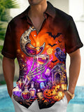 Oceanlyte Men's Short Sleeve Shirt - Halloween Moon Raven And Skeleton With Wine Glass Print with Chest Pocket