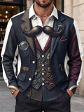 Oceanlyte Men's Retro Steampunk Gears And Mustache Print Long Sleeve Shirt with Chest Pocket