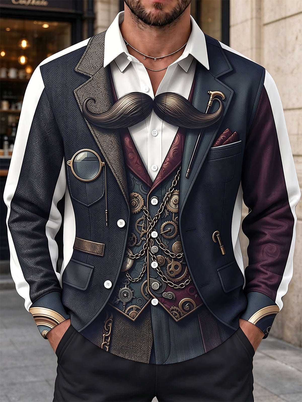 Oceanlyte Men's Retro Steampunk Gears And Mustache Print Long Sleeve Shirt with Chest Pocket