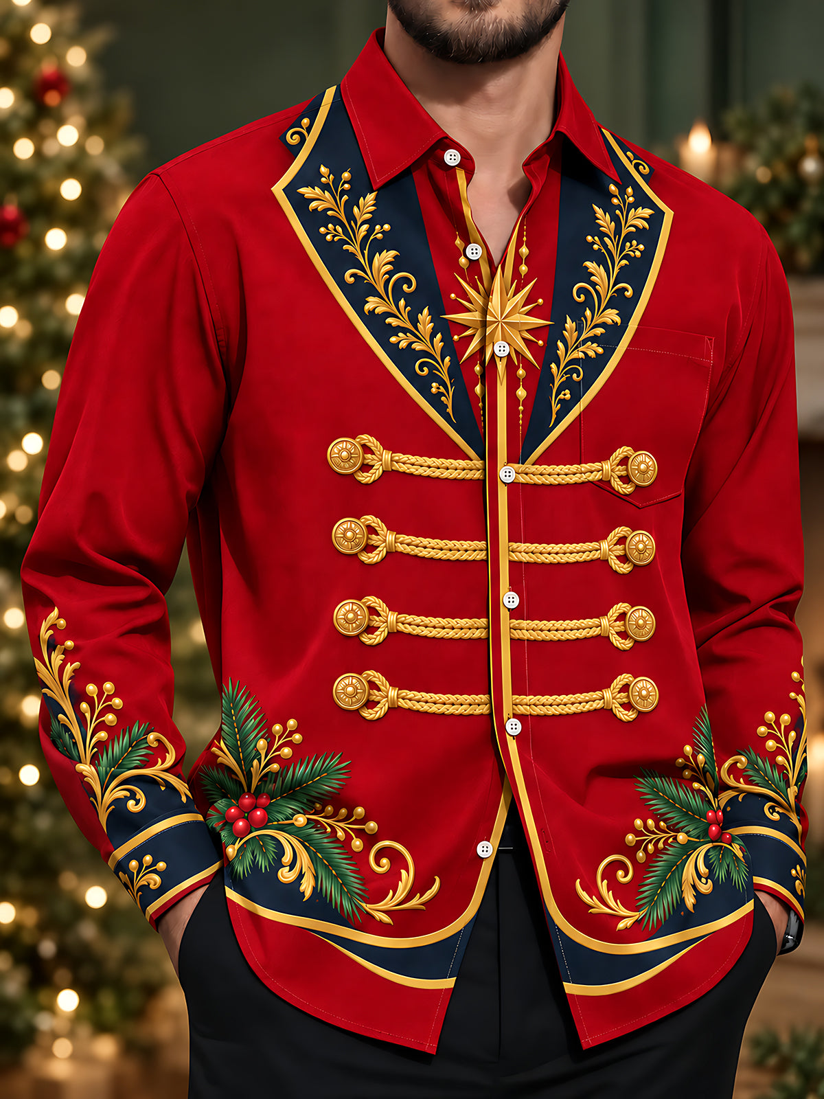 Oceanlyte Men's Long Sleeve Shirt - Christmas Pine Branches And Berries With Gold Scrollwork Print with Chest Pocket