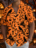 Oceanlyte Men's Short Sleeve Shirt - Halloween Black Cats Crows Bats Castles And Moon Print with Chest Pocket