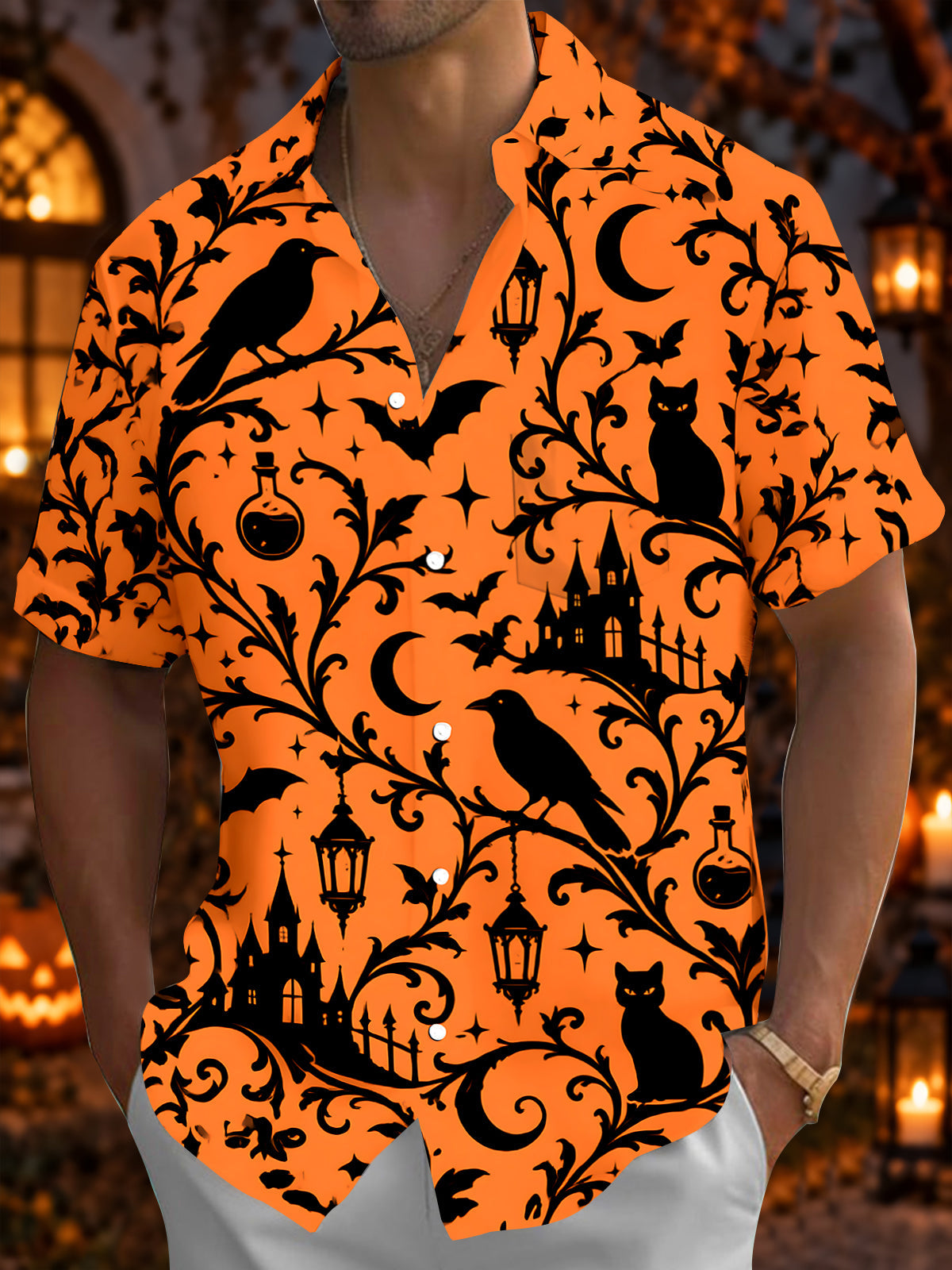 Oceanlyte Men's Short Sleeve Shirt - Halloween Black Cats Crows Bats Castles And Moon Print with Chest Pocket