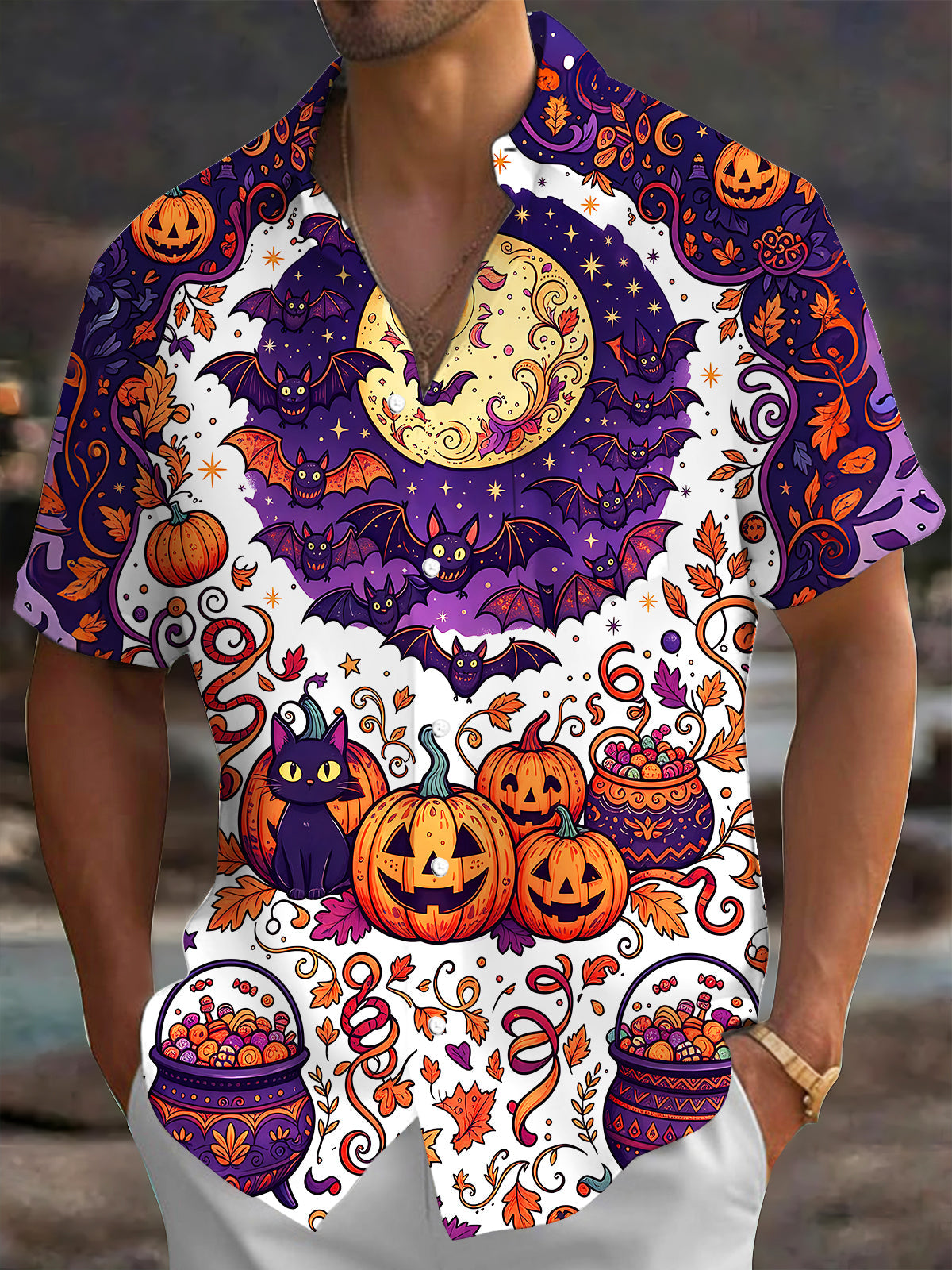 Oceanlyte Men's Halloween Black Cats And Pumpkins Print Short Sleeve Shirt with Chest Pocket