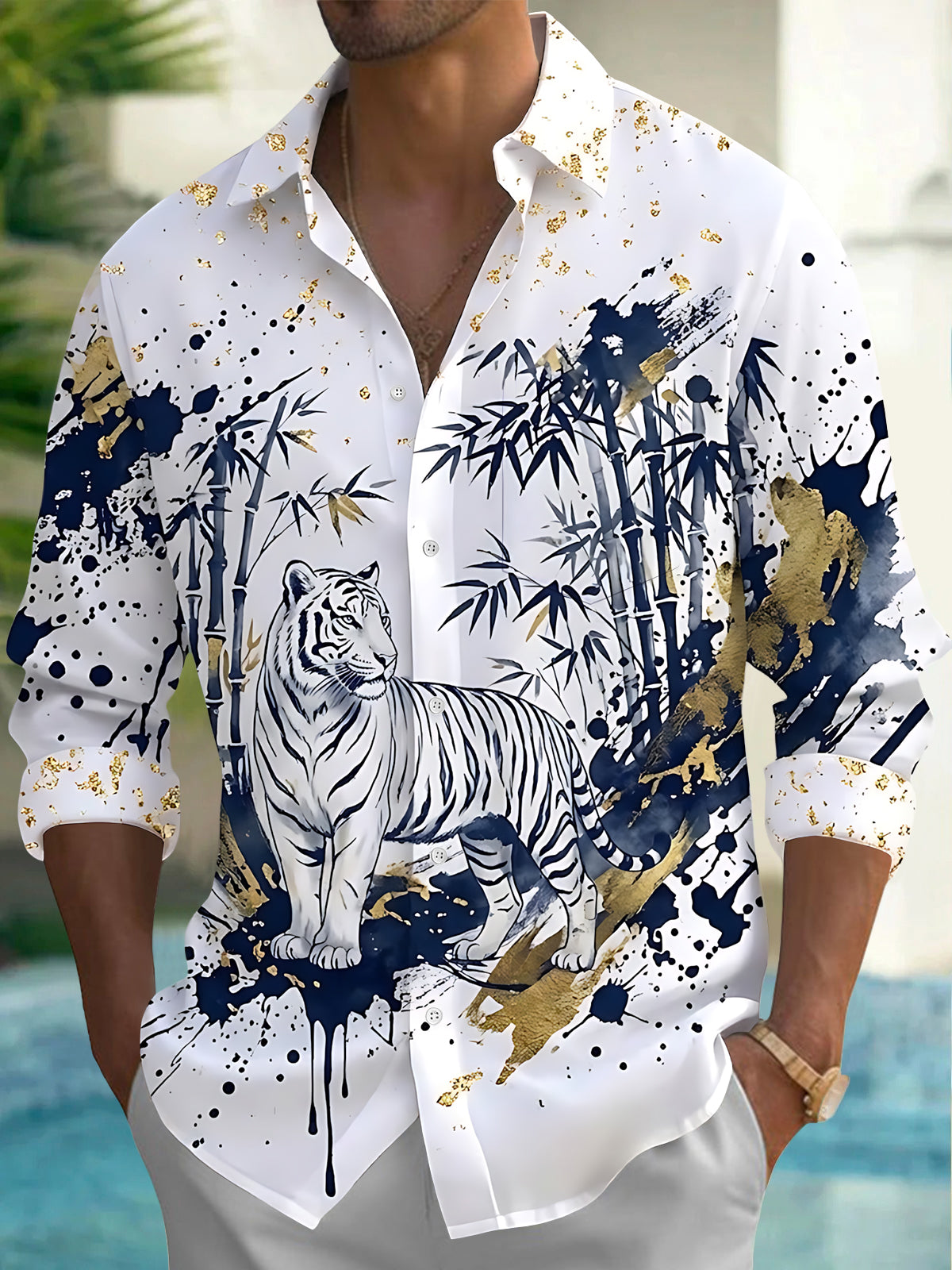 Oceanlyte Men's Graphic White Tiger And Bamboo Forest Print Long Sleeve Shirt with Chest Pocket