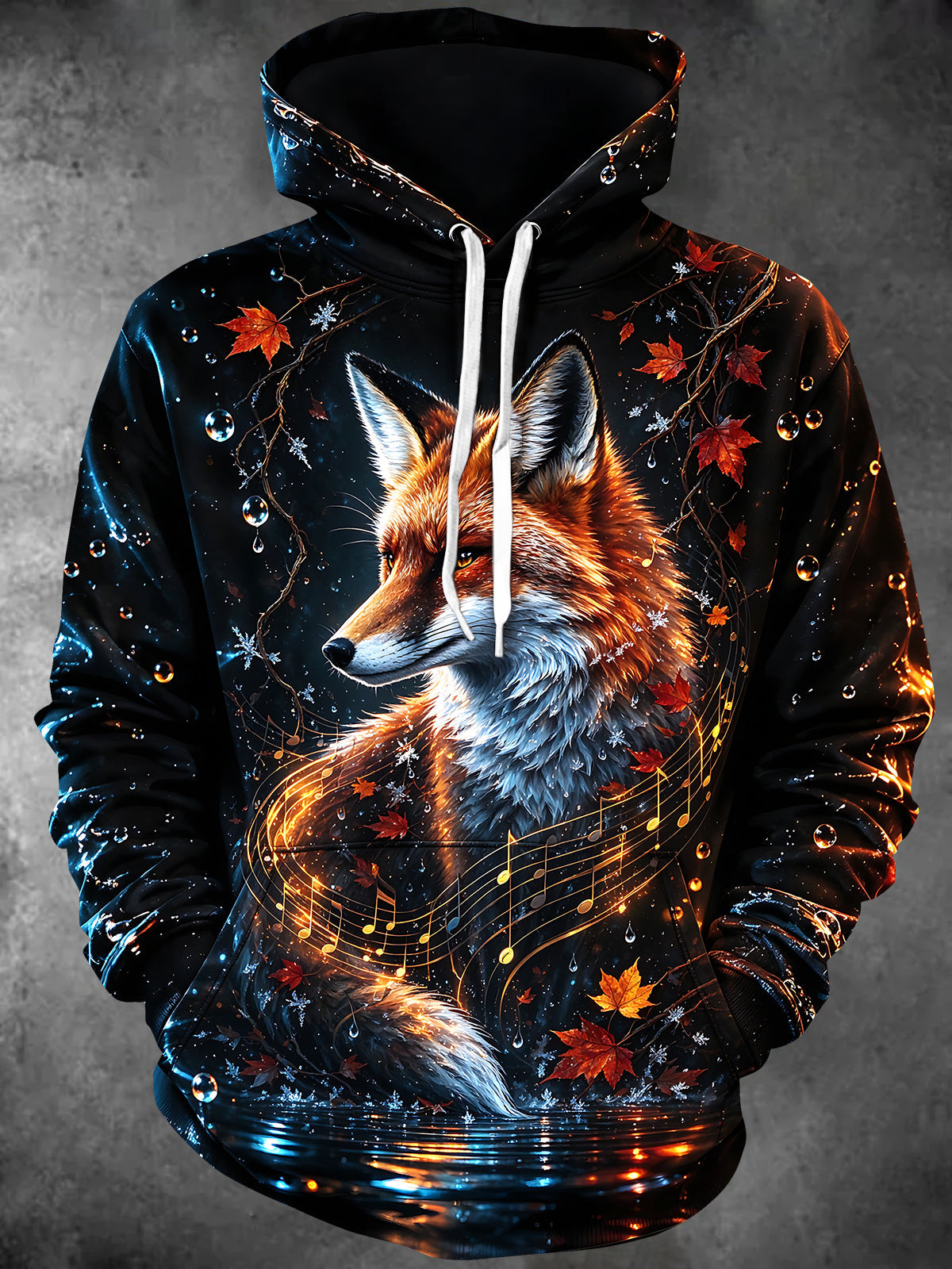 Oceanlyte Men's Fox With Maple Leaves And Musical Notes Print Long Sleeve Hoodie