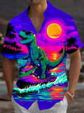 Oceanlyte Men's Hawaiian Dinosaur On Jet Ski Print Short Sleeve Shirt with Chest Pocket